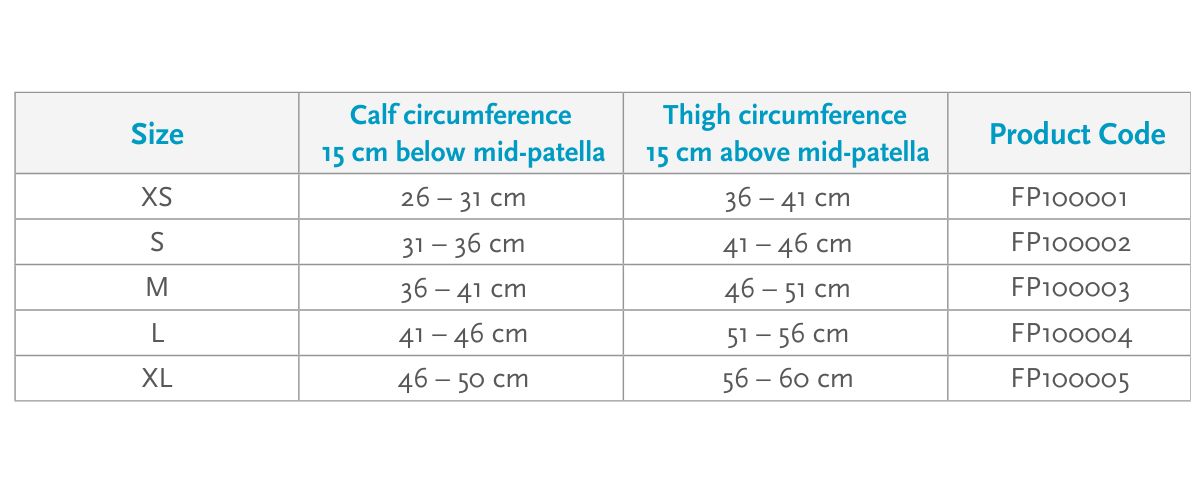 Össur Formfit Pro Knee size chart: sizes XS to XL by calf and thigh circumference, with product codes